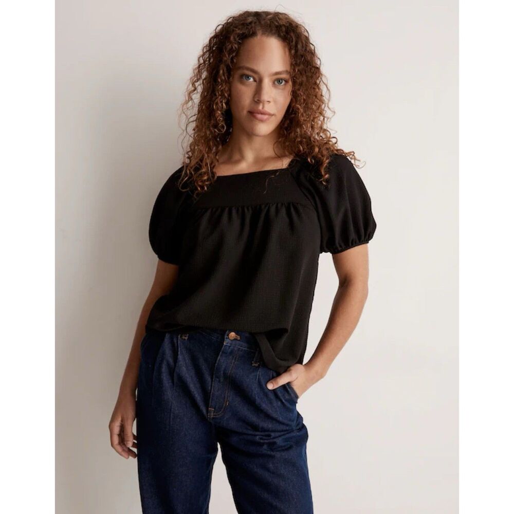 Madewell Black Seersucker Bubble Sleeve Top Women Puff Sleeve Textured Blouse L